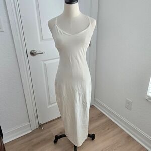 AYM‎ Studio Bamboo Cotton Cross Back Midi Dress Off White Cream V-Neck Size M